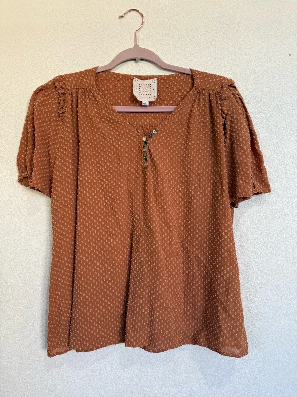 Johnny Was Brown Swiss Dot Boho Peasant Blouse L Ruffle V-Neck Top - Picture 2 of 8